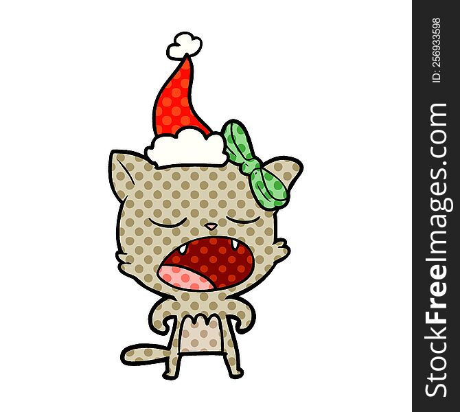Comic Book Style Illustration Of A Cat Meowing Wearing Santa Hat