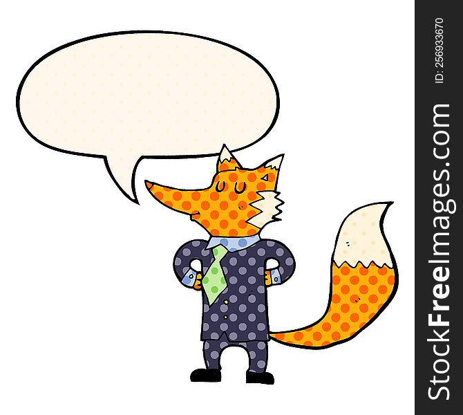 cartoon fox businessman with speech bubble in comic book style