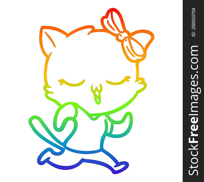 Rainbow Gradient Line Drawing Cartoon Cat With Bow On Head