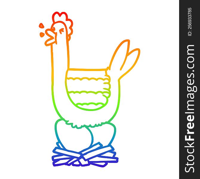 rainbow gradient line drawing of a cartoon hen sitting on nest
