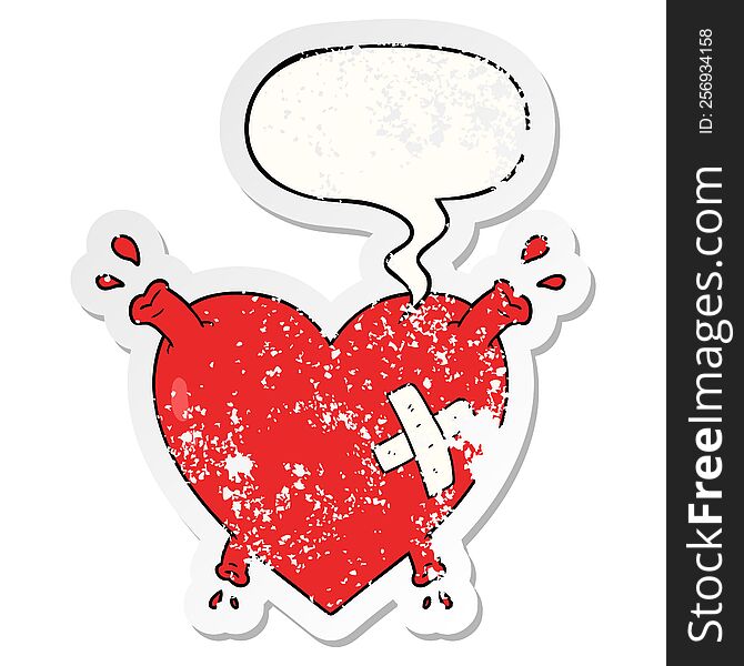 cartoon heart squirting blood with speech bubble distressed distressed old sticker. cartoon heart squirting blood with speech bubble distressed distressed old sticker