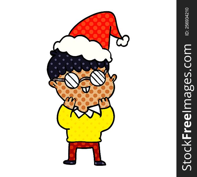 hand drawn comic book style illustration of a boy wearing spectacles wearing santa hat