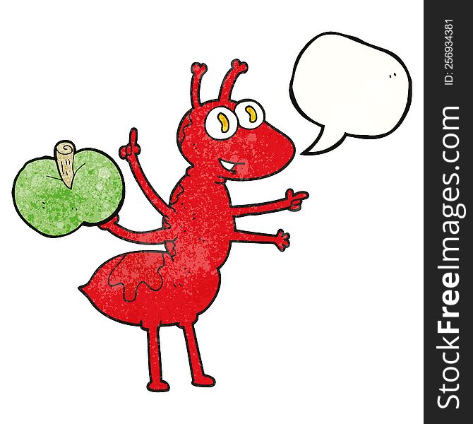 freehand speech bubble textured cartoon ant with apple