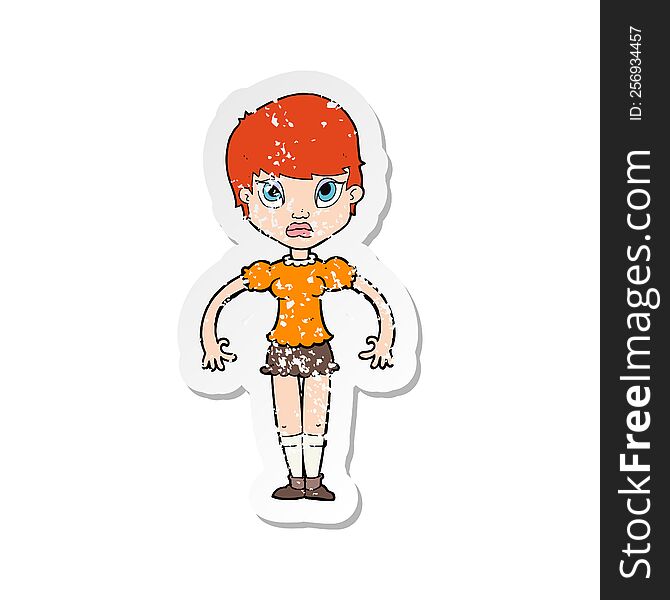 Retro Distressed Sticker Of A Cartoon Woman Looking Annoyed