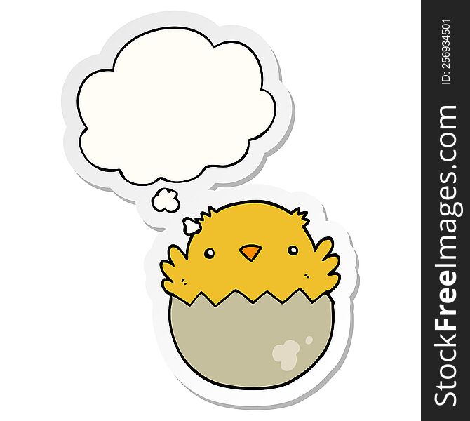 cartoon chick hatching from egg with thought bubble as a printed sticker