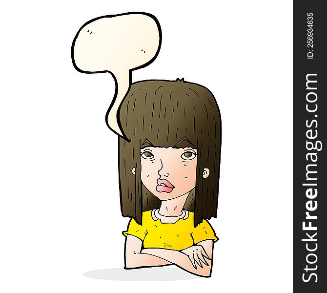 Cartoon Girl With Folded Arms With Speech Bubble