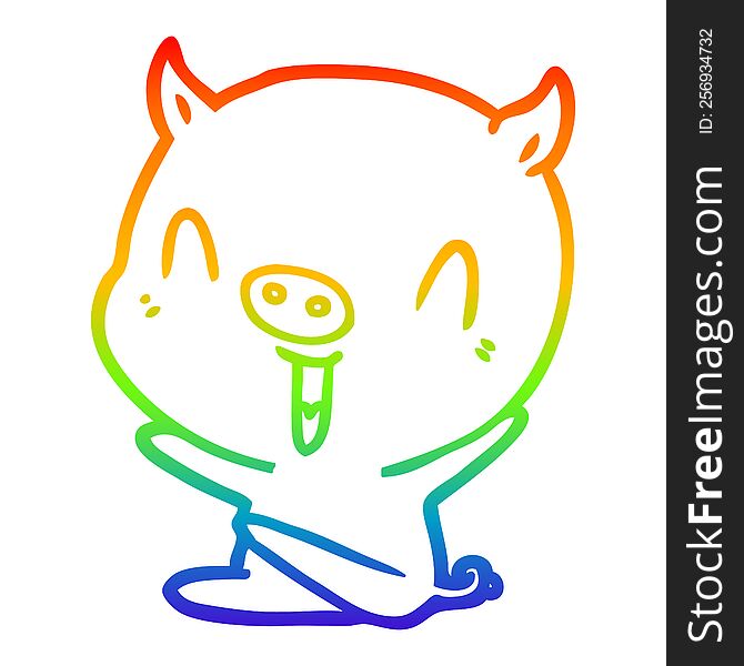 rainbow gradient line drawing of a happy cartoon sitting pig