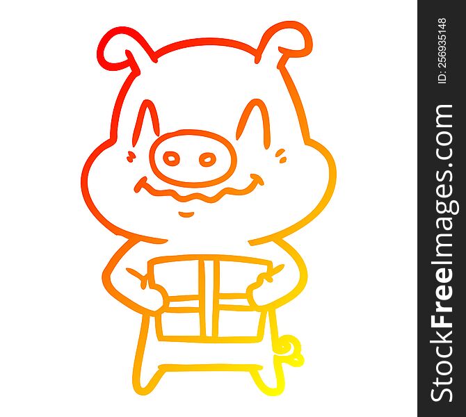 Warm Gradient Line Drawing Nervous Cartoon Pig With Present
