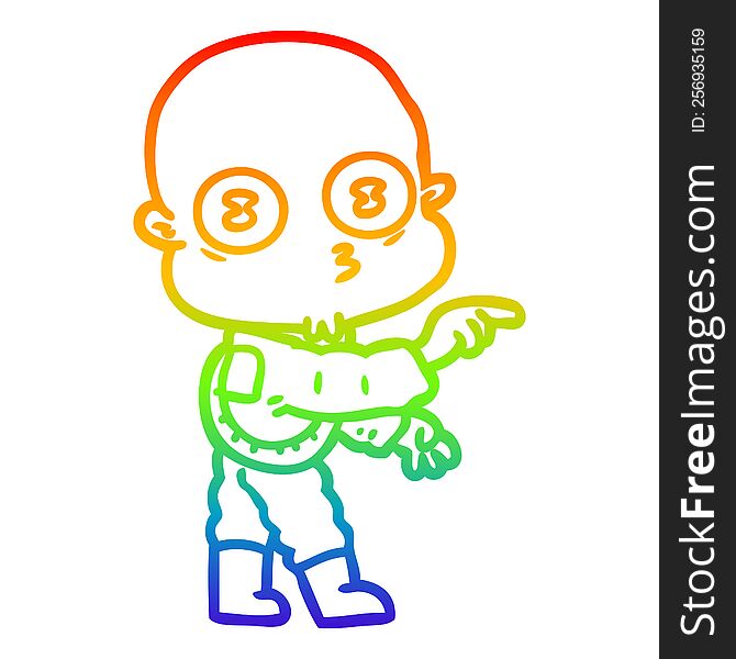 Rainbow Gradient Line Drawing Cartoon Weird Bald Spaceman Pointing