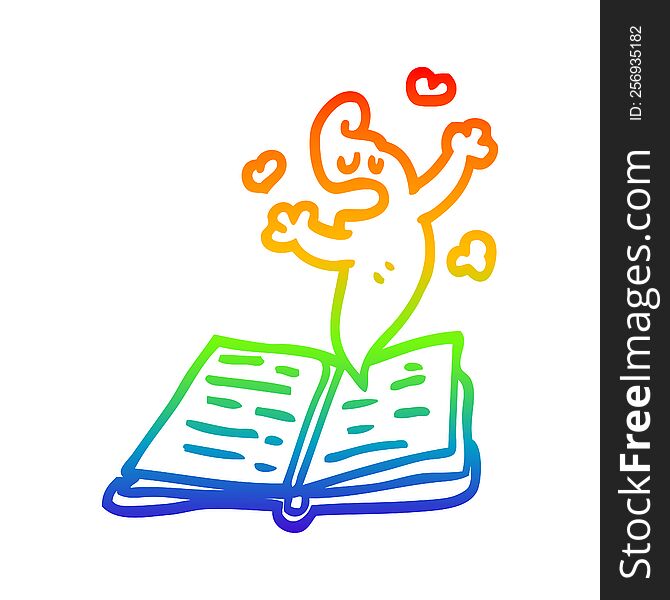 rainbow gradient line drawing of a cartoon spell book with ghost