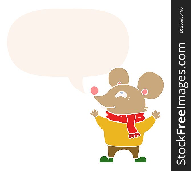 cartoon mouse wearing scarf with speech bubble in retro style