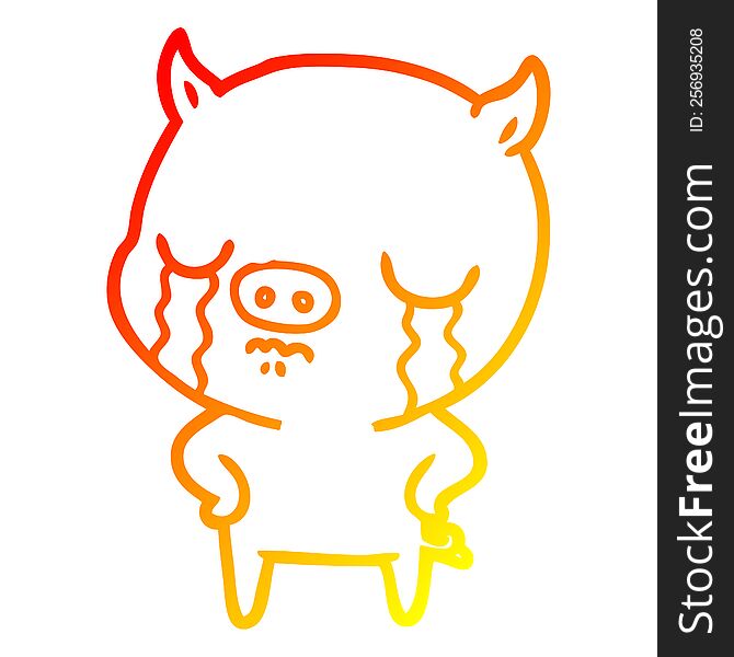 warm gradient line drawing of a cartoon pig crying with hands on hips