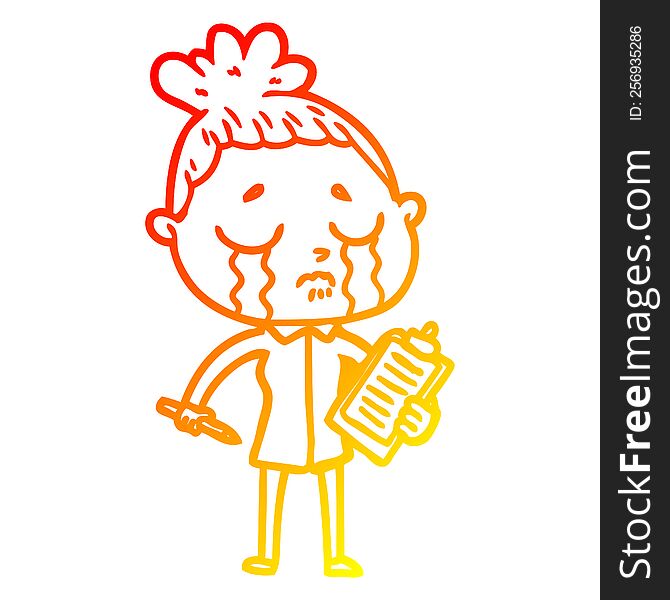 warm gradient line drawing of a cartoon crying saleswoman