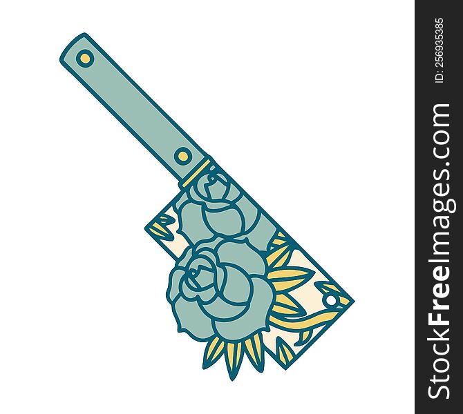iconic tattoo style image of a cleaver and flowers. iconic tattoo style image of a cleaver and flowers