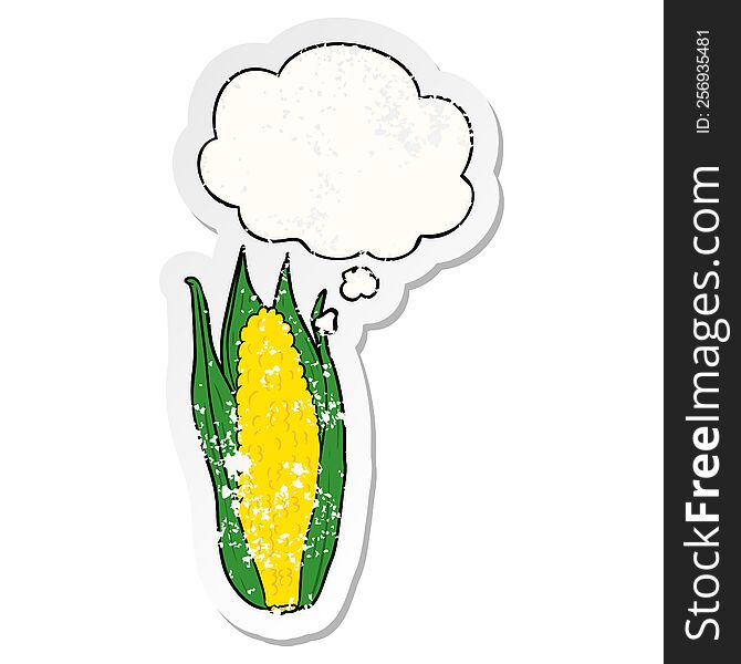 cartoon corn with thought bubble as a distressed worn sticker