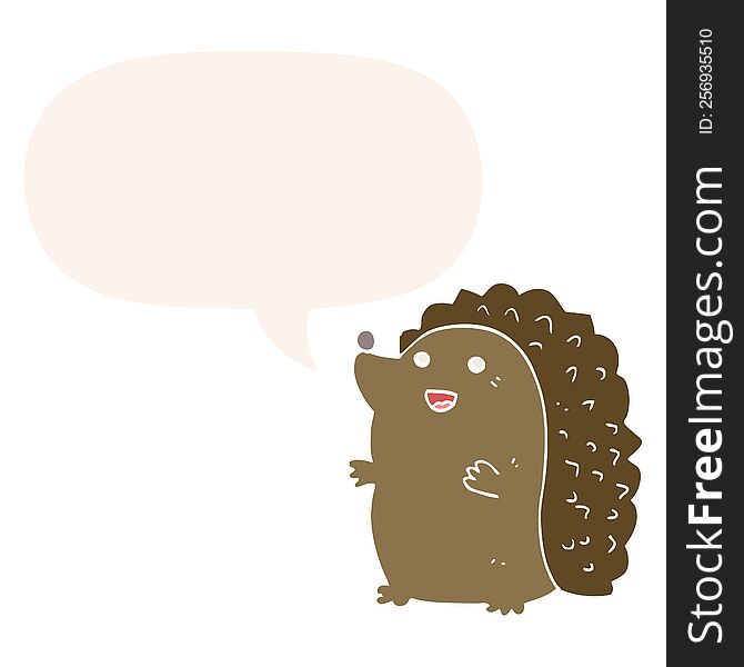 cartoon happy hedgehog with speech bubble in retro style