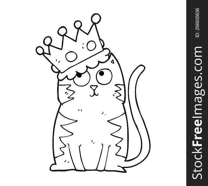 freehand drawn black and white cartoon cat with crown