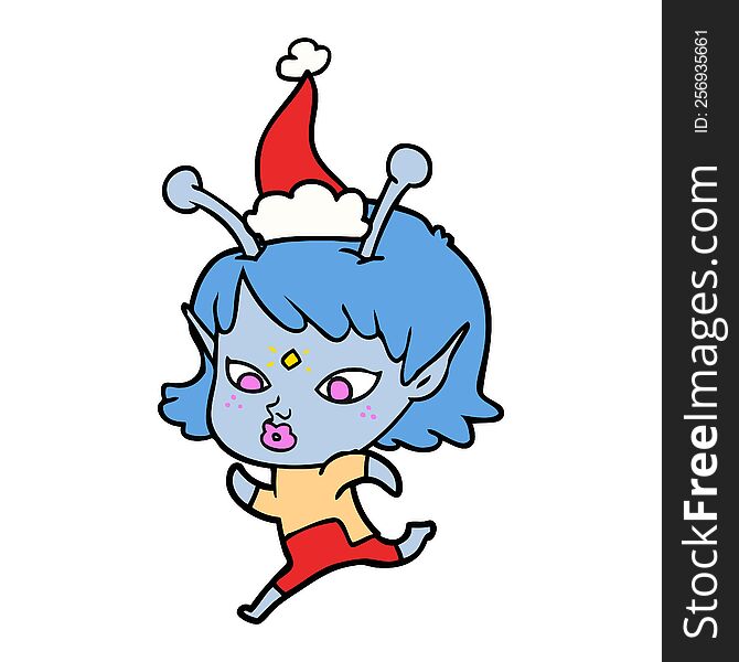 pretty hand drawn line drawing of a alien girl running wearing santa hat. pretty hand drawn line drawing of a alien girl running wearing santa hat