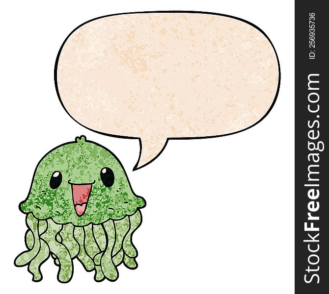 cartoon jellyfish with speech bubble in retro texture style
