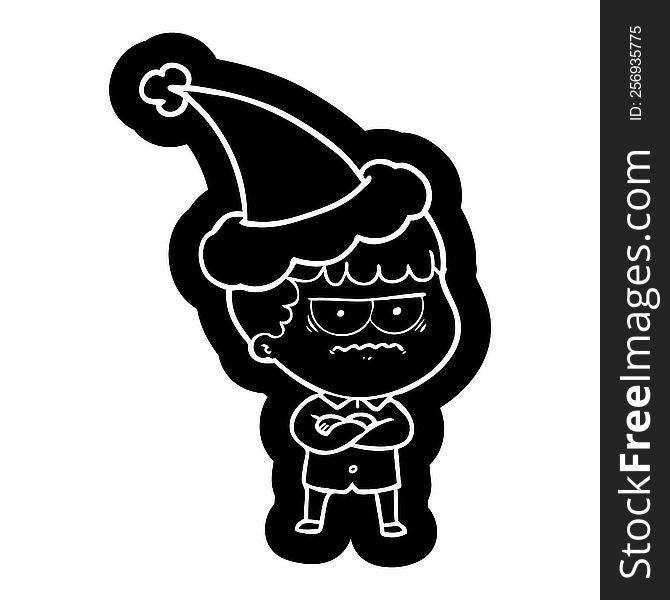 quirky cartoon icon of an annoyed man wearing santa hat