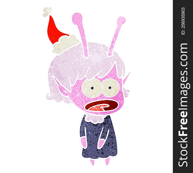 Retro Cartoon Of A Shocked Alien Girl Wearing Santa Hat