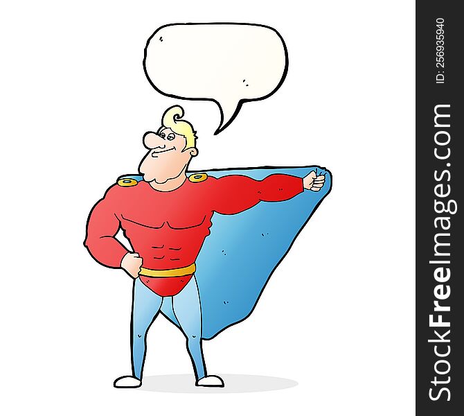 funny cartoon superhero with speech bubble