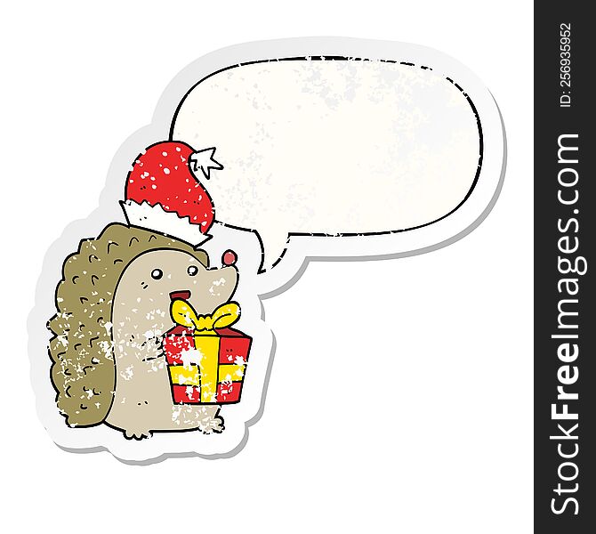 cartoon hedgehog wearing christmas hat with speech bubble distressed distressed old sticker. cartoon hedgehog wearing christmas hat with speech bubble distressed distressed old sticker