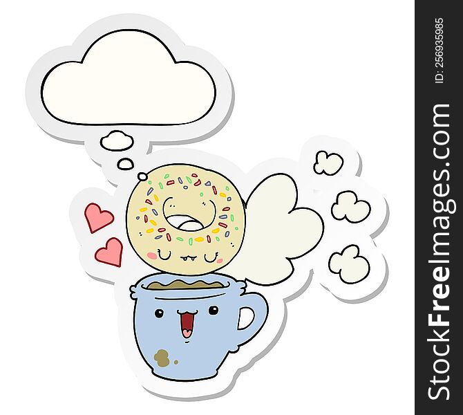 cute cartoon donut and coffee with thought bubble as a printed sticker