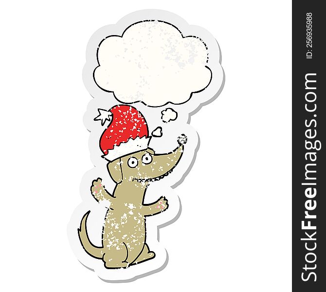 cute christmas cartoon dog and thought bubble as a distressed worn sticker