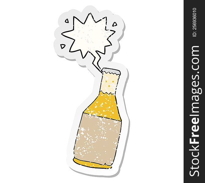 cartoon beer bottle with speech bubble distressed distressed old sticker. cartoon beer bottle with speech bubble distressed distressed old sticker