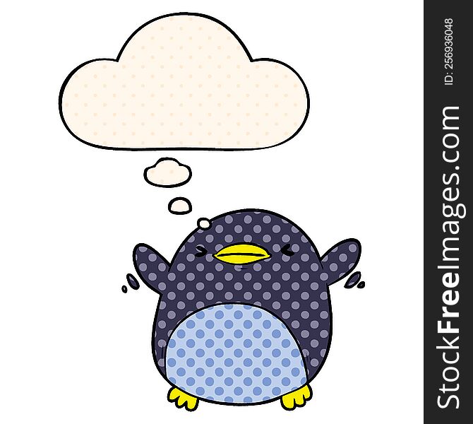cute cartoon flapping penguin with thought bubble in comic book style
