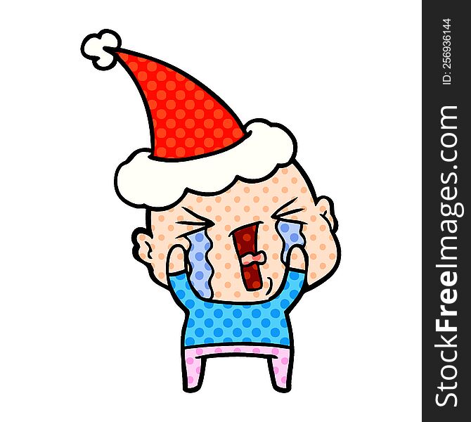 Comic Book Style Illustration Of A Crying Bald Man Wearing Santa Hat