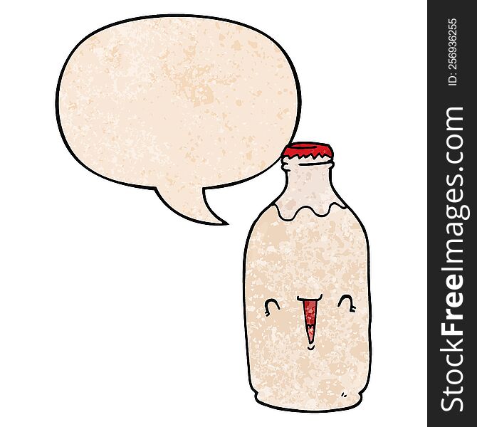 cute cartoon milk bottle with speech bubble in retro texture style