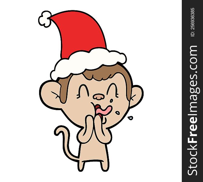 crazy hand drawn line drawing of a monkey wearing santa hat. crazy hand drawn line drawing of a monkey wearing santa hat