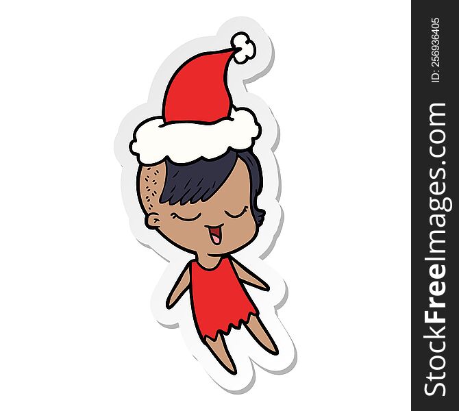 happy hand drawn sticker cartoon of a girl wearing santa hat. happy hand drawn sticker cartoon of a girl wearing santa hat