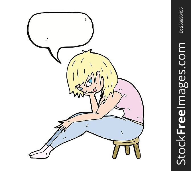 cartoon woman sitting on small stool with speech bubble