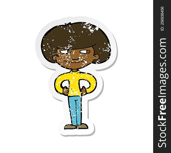 retro distressed sticker of a cartoon boy with hands on hips