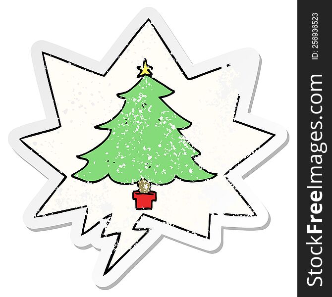 cartoon christmas tree with speech bubble distressed distressed old sticker. cartoon christmas tree with speech bubble distressed distressed old sticker