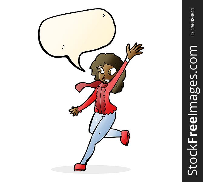 cartoon woman waving dressed for winter with speech bubble