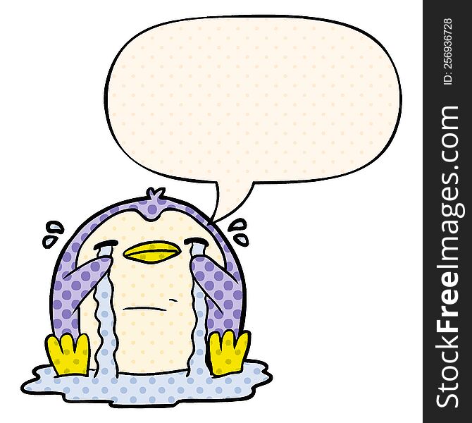 Cartoon Crying Penguin And Speech Bubble In Comic Book Style