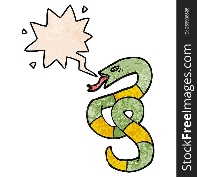 hissing cartoon snake with speech bubble in retro texture style