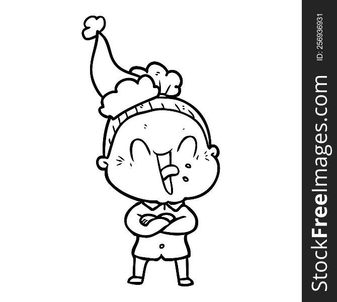 Line Drawing Of A Happy Old Woman Wearing Santa Hat