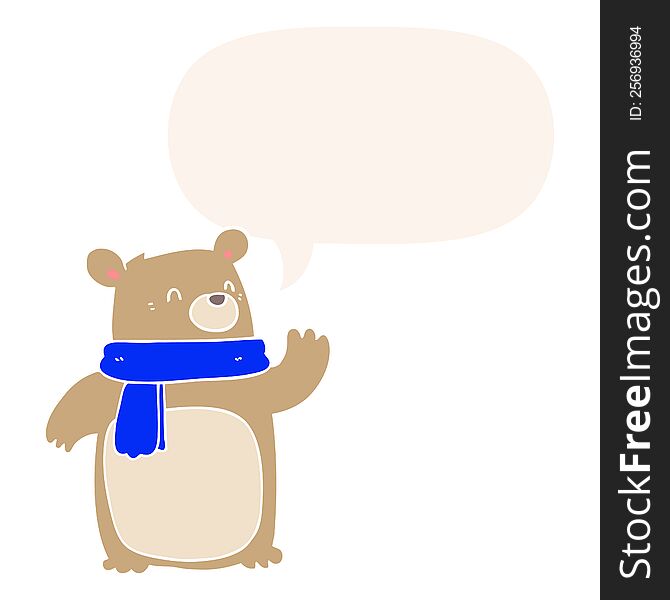 cartoon bear wearing scarf with speech bubble in retro style