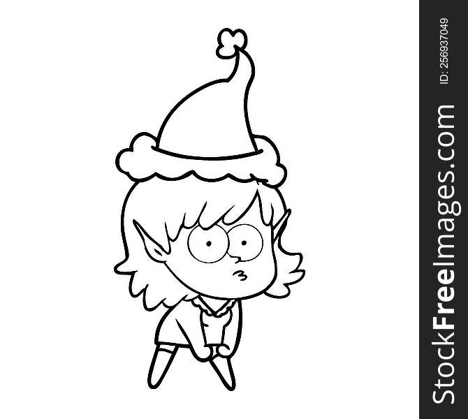 line drawing of a elf girl staring and crouching wearing santa hat