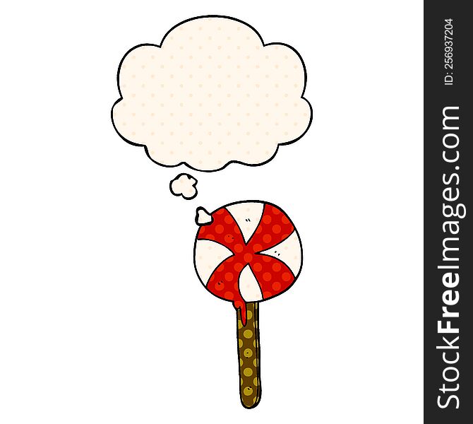 cartoon lollipop with thought bubble in comic book style