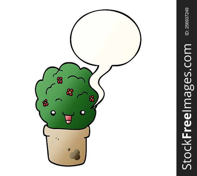 cartoon shrub in pot with speech bubble in smooth gradient style