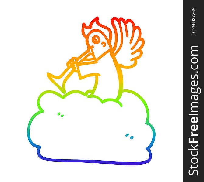 Rainbow Gradient Line Drawing Cartoon Angel On Cloud With Trumpet