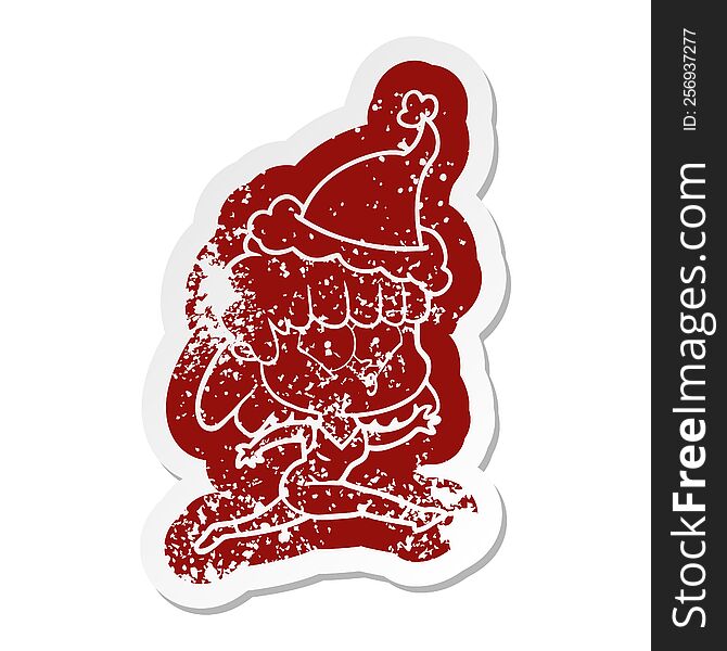 quirky cartoon distressed sticker of a woman running wearing santa hat