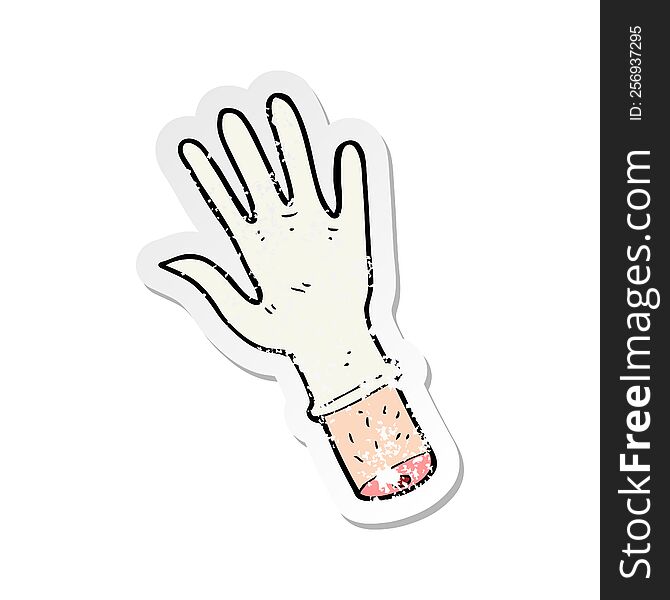 retro distressed sticker of a cartoon hand with medical glove