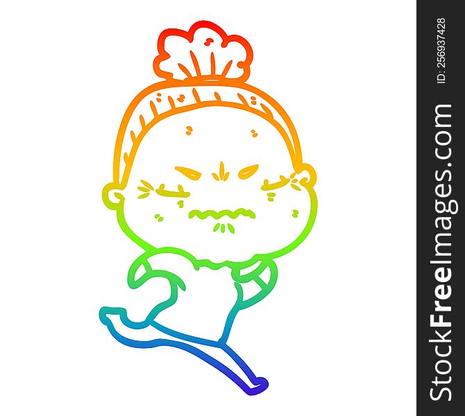 rainbow gradient line drawing of a cartoon annoyed old lady